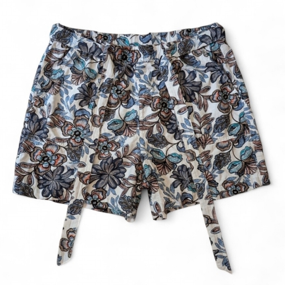 A.N.A. Women's LG Floral Linen Blend Paper Bag Shorts Blue Brown Whimsical